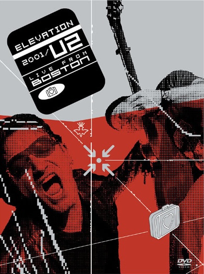DVD Cover Art of U2's Elevation 2001 Live From Boston concert film - Because it's a DVD, it's a taller design more than square. On a gray background with bright red on the bottom half for the background, there's a black-and-white photo of Bono singing with his mouth open and glasses on to the left side and The Edge playing guitar on the right. There are arrows pointing to a circle near the center, and near it an icon of a dove flying down.</body></html>