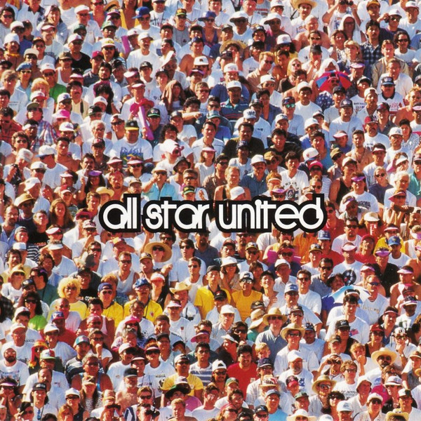 Album Art of All Star United's self-titled album - A photo of a sea of people, nothing but their upper body and heads before the next row of people behind them. It's a sunny day at some sort of outdoor event, so many are wearing brightly-colored T-shirts and hats and sunglasses. In the middle is printed the band name in a round, circular font in white with a large black border.