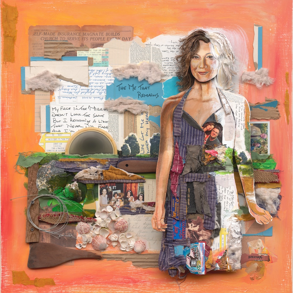 Album Art of Amy Grant's The Me That Remains album - A mixed-media collage that looks to be hung on a orange and red painted wall or maybe canvas. On the right side is a drawing of Amy Grant, most of it colored in, with the right side only a black-and-white rough sketch, but still made up of various scraps of handwritten text and and drawings.</body></html>