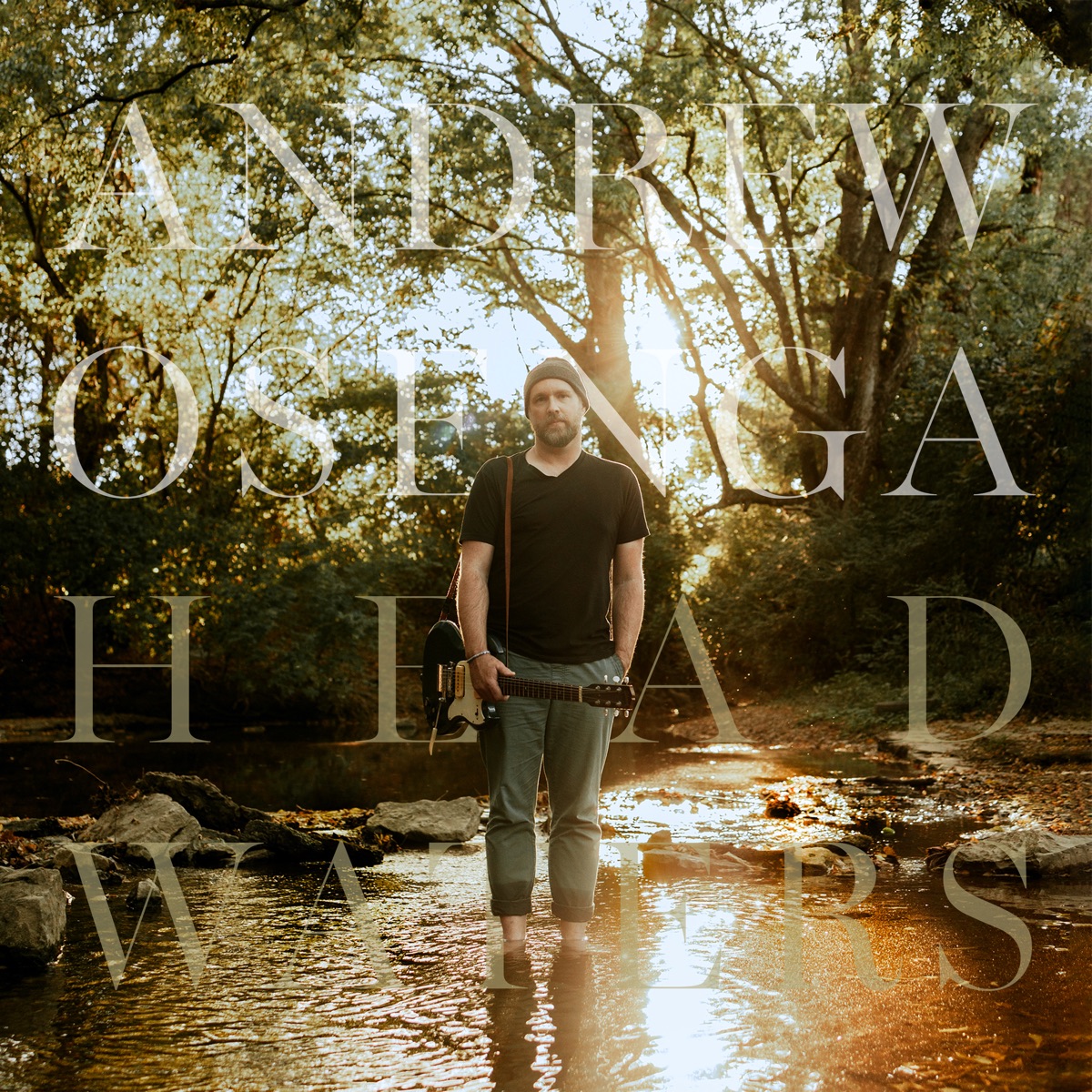 Album Art of Andrew Osenga's Headwaters album - A photo of a middle-aged man white man in a black shirt, lime green pants and a lime green beanie, standing in the middle of a stream and surrounded by woods and holding an electric guitar. In large letters overlaid transparently over the picture is the artist name and album name, though the album name almost blends into the bottom of the image.