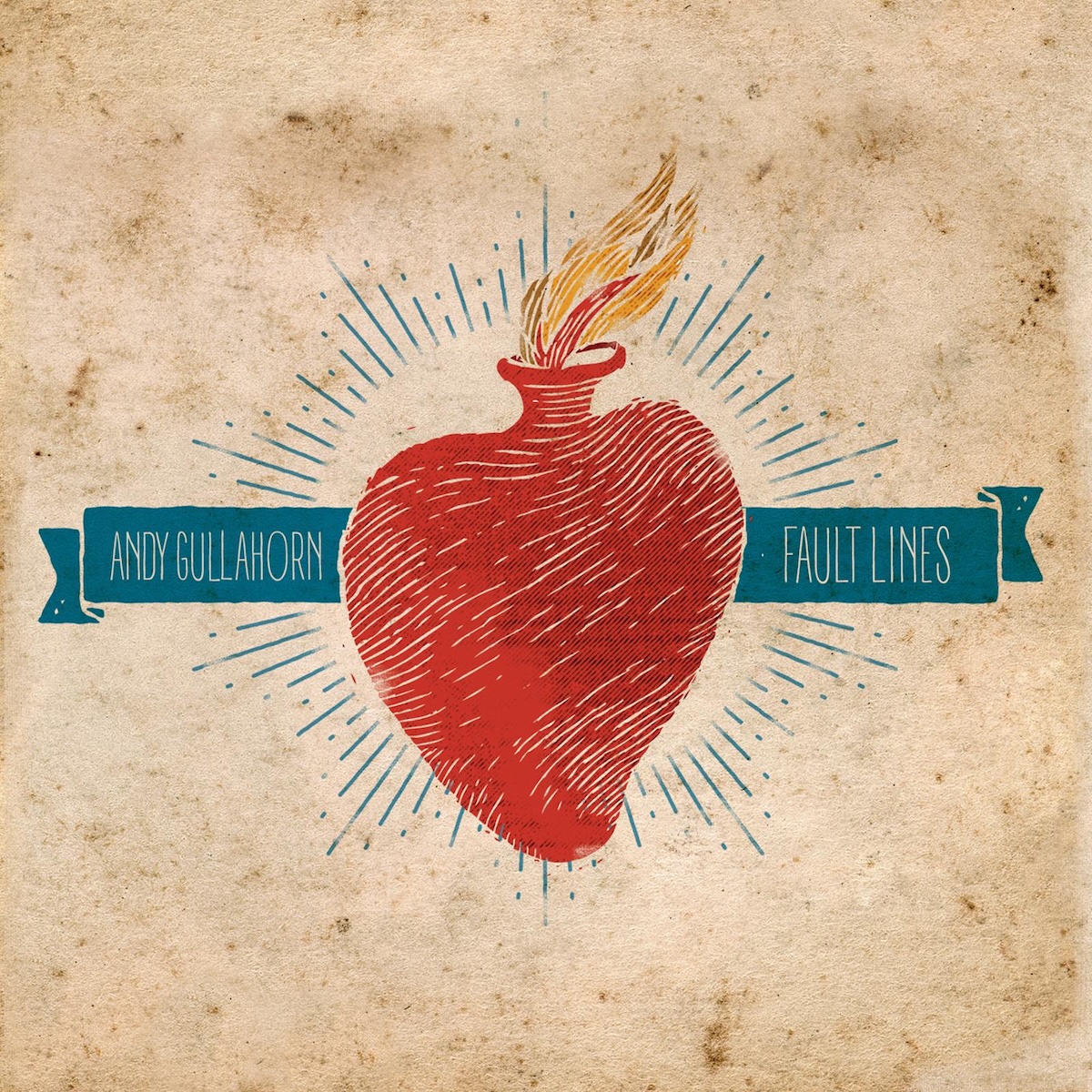 Album Art of Andy Gullahorn's Fault Lines album - On a light brown background texture with lighter and darker spots, an illustration of a red heart that has an opening at the top and fire is coming out of it is shown. Around the heart is a circle of blue lines that makes it seem like the heart is glowing.</body></html>