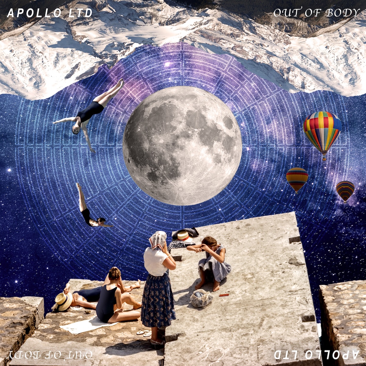 Album Art of Apollo LTD's Out Of Body album - In the middle, a picture of the moon. Around it, a starfield with galaxies in blue and purple is covered by circles sectioned by lines spreading out from the moon. On the top, hanging from the top, are upside-down snow-capped mountains. At the bottom are large rectangular stones with a few women sunbathing, one standing and looking down at another who is adjusting their hair.</body></html>