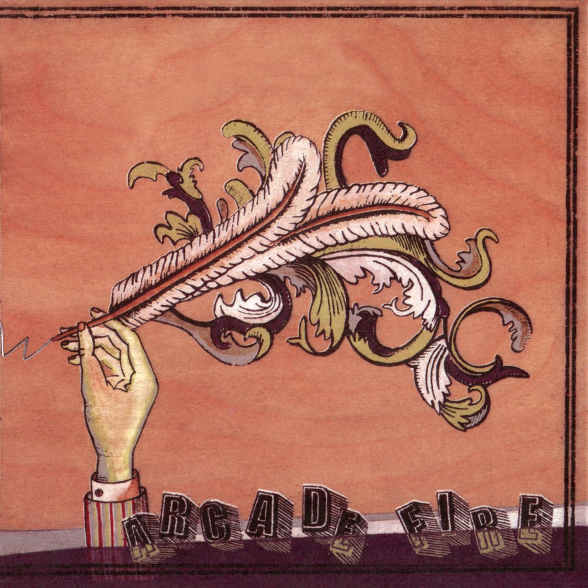 Album Art of Arcade Fire's Funeral album - Across the bottom, the words 'Aracde Fire' are made of blocky letters placed somewhat haphazardly. Above that, an orange background with the illustration of flowers and feathers in a decorative pattern, and one of the feathers is also being used as a pen. A hand is using that feather to draw some lines.