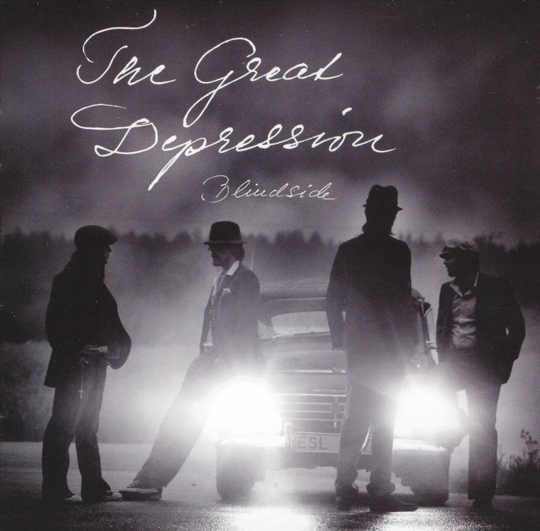 Album Art of Blindside's The Great Depression album - Four men in depression-era coats, suits and hats are the focus of a black-and-white photo that almost feels like it's out of an old Hollywood movie. They're standing in front of or near a classic period-era car with its headlights pointed toward the camera. One person is even sitting against the side of the car, while the others are standing nearby. Behind can be only faintly seen a gray sky and probably a line of trees off in the distance. Handwritten on top of the sky is the album title in a flowing white pen style in very large size on the top left, with the band's name centered in much smaller script in the middle below it and above the men.