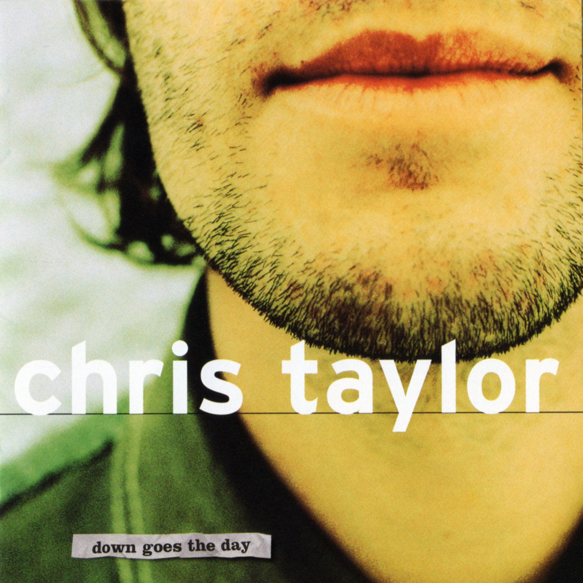 Album Art of Chris Taylor's Down Goes The Day album - A very close-up photo of the bottom of a man's face, the chin with black, short beard hairs and his pink lips. HIs neck can be seen and a bit blurry in the background is the green shirt and his dark, shoulder-length hair. Printed on top of the photo just below his jaw is the artist's name in large white text, a thin black line right below it, and the album title is printed in black lowercase text at the bottom on what looks like a crumpled strip of paper.