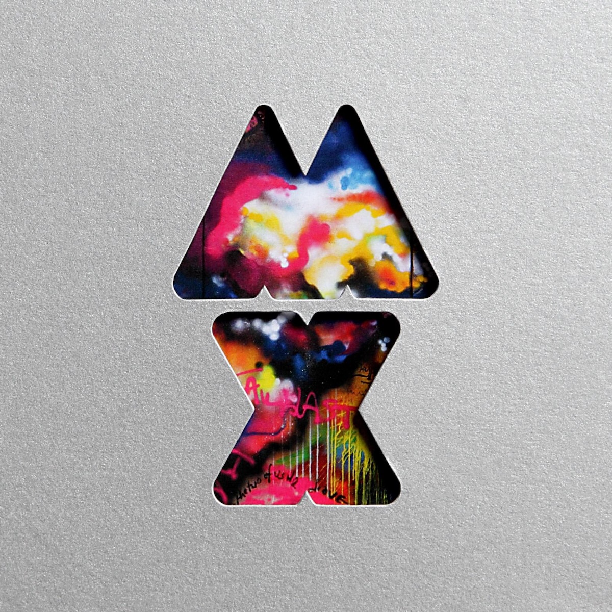 Album Art of Coldplay's Mylo Xyloto album - The majority of this is a gray, rough paper texture. In the middle, two large letters, 'M' and 'X