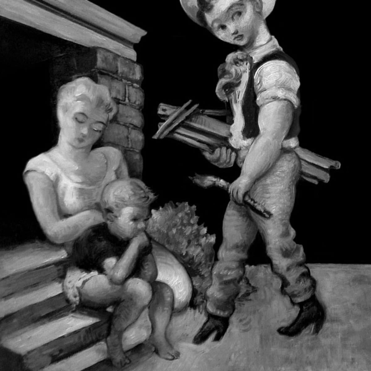 Album Art of Copeland's Eat, Sleep, Repeat album - A black-and-white painting of three people, maybe a father and mother along with a younger kid, though they all look a bit baby-faced. The woman and the youngster are sitting on some steps up to a porch, I think, with some bushes past the steps. The man is walking towards the steps in boots and holding some wood scraps, it seems. There's no printing about the band or album title, though the CD version did have a sticker that went over the top of the artwork that had this information originally.