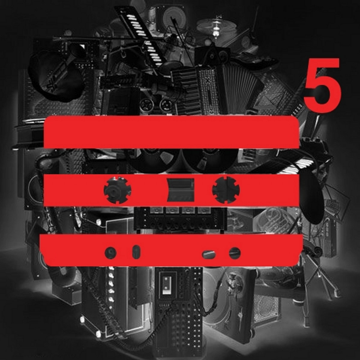 Album Art of Deepspace5's 5PRINT Mixtape album - In the background, a black and white graphic of a lot of drum, bass, mixing and other recording equipment piled on top of each other. In the foreground is a Deepspace5 logo, which is three red lines with a few cutouts for the holes of a cassette tape. Plus a number 5 in the top right.