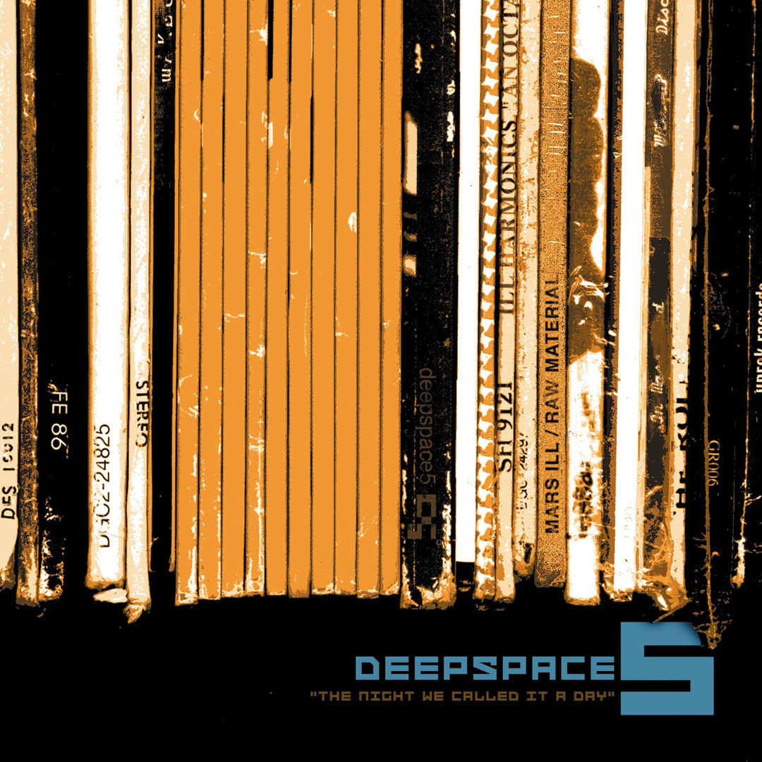 Album Art of Deepspace5's The Night We Called It A Day album - The majority of the cover is a photo of the spines of vinyl record cases, probably stuck together on a shelf or in a crate. The sleeves of the records look well-used and are very worn, especially on the corners. Below the records, an area of just a black background with the band name in a bluish-green, blocky font, and the album title in smaller letters in a deep orange/brown.