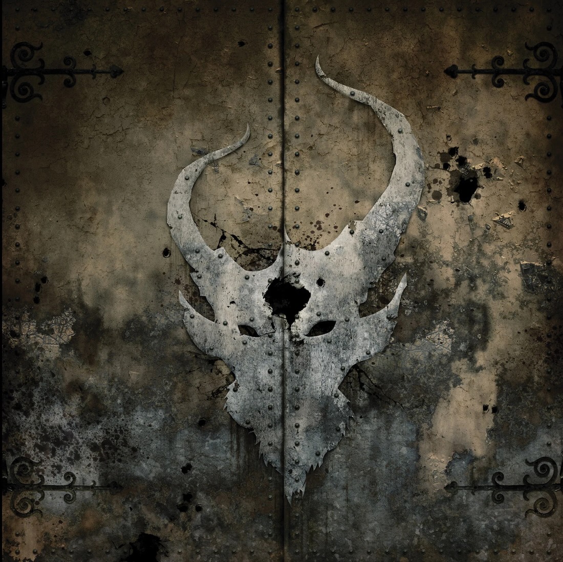 Album Art of Demon Hunter's Storm The Gates Of Hell album - It looks like artwork made of metal on a door as it has hinge points on the left and right side, a seam in the middle, and black rivets along the side. On the faded brown metal, the outline of a horned demon of some sort with black slits for eyes has a large hole in its forehead.