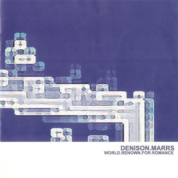 Album Art of Denison Marrs's World Renown For Romance album - For the bottom fifth of the cover, its white with the name of the band and the album name on blue text, centered right. The top half is a dark blue background, with some sort of blocky, geometric design that is white and lighter shades of blue. Maybe some sort of 8-bit icon of a waterfall turned on its side and very badly compressed or something like that?