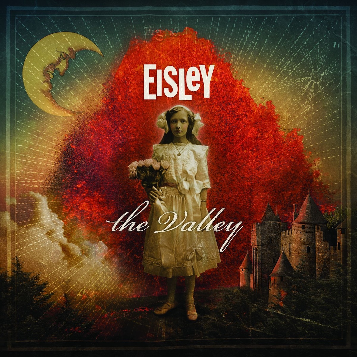 Album Art of Eisley's The Valley album - A young girl in a brown-tinted photo is in the middle, and behind her is a red cloud of smoke or something. At her feet and around the red cloud, there is ground and a sky, on the lower left there's low clouds above the ground, and on the right are castle buildings that are noticeably smaller than the girl in the middle. In the top left there's a crescent-shaped moon with a face looking towards the girl. There are also dotted lines of light emanating from the middle. The girl is wearing a white dress, has long hair kept away from her face by a headband that also has flowers over her ears. Above her head is the band name logo, block letters with slightly different sizes and offset a bit from each other vertically. Below her waist, printed over the art, is the album title in a fancy script font.