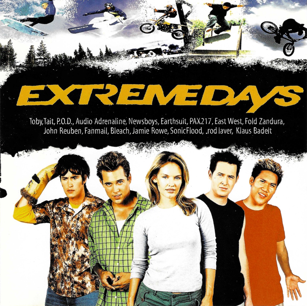 Album Art of Various Artists's Extreme Days Soundtrack album - At the top, a series of five photos across the top, the first two snowboarders, then a motocross biker, then a skateboarder, then a BMX biker, all with a rough fade effect between them. Below that a black background with 'Extremedays' all run together in bright yellow-gold. Below that, a list of all the artists on the album in small print.</body></html>