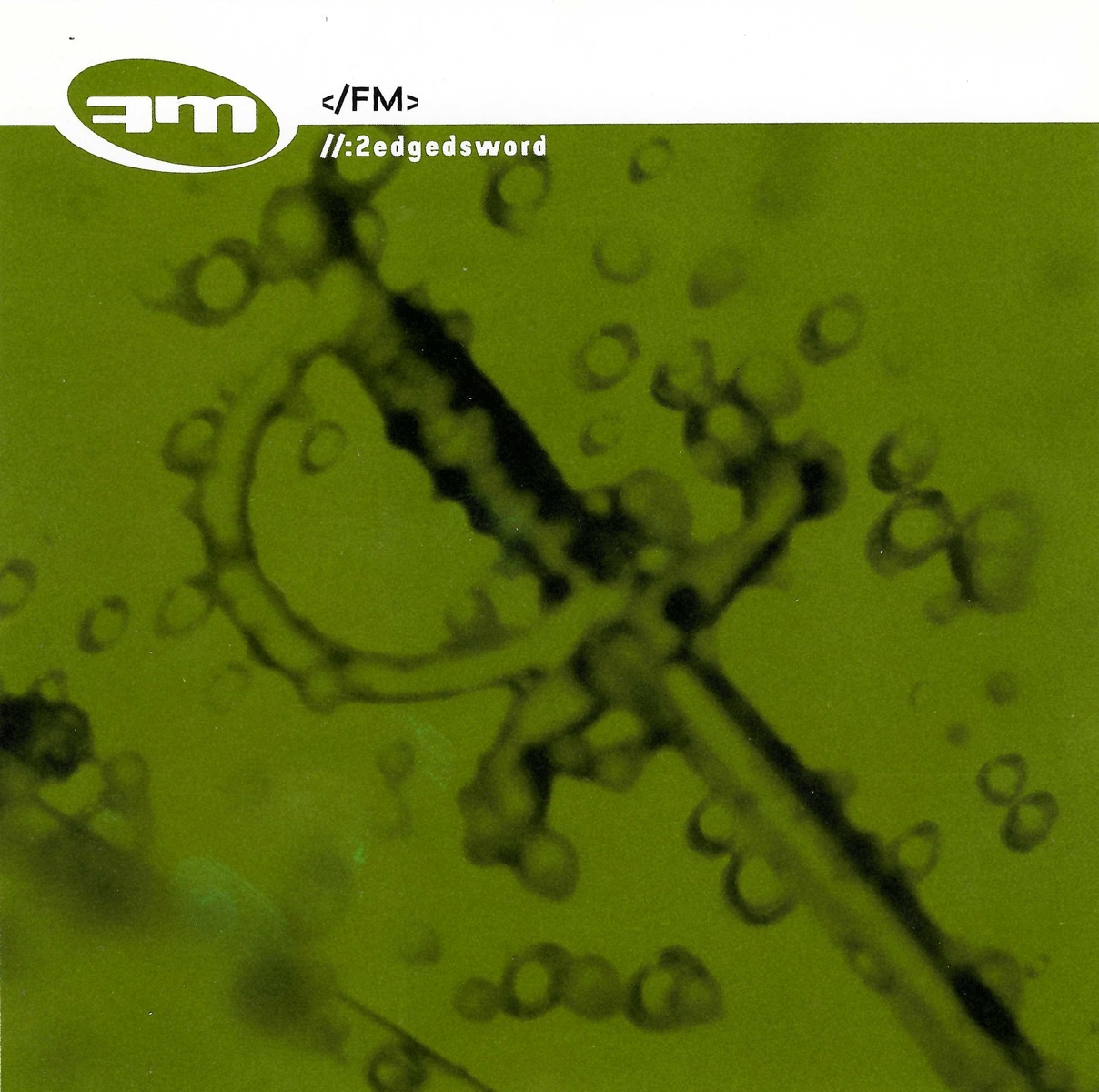 Album Art of Faith Massive's 2 Edged Sword album - Most of the area is a dark green photo of a sword hilt that seems to be suspended in a green liquid, with bubbles around it. In the top right, a circular logo with a backwards 'F' and an 'M' is next to the text FM and the title '2edgedsword' without the spaces.