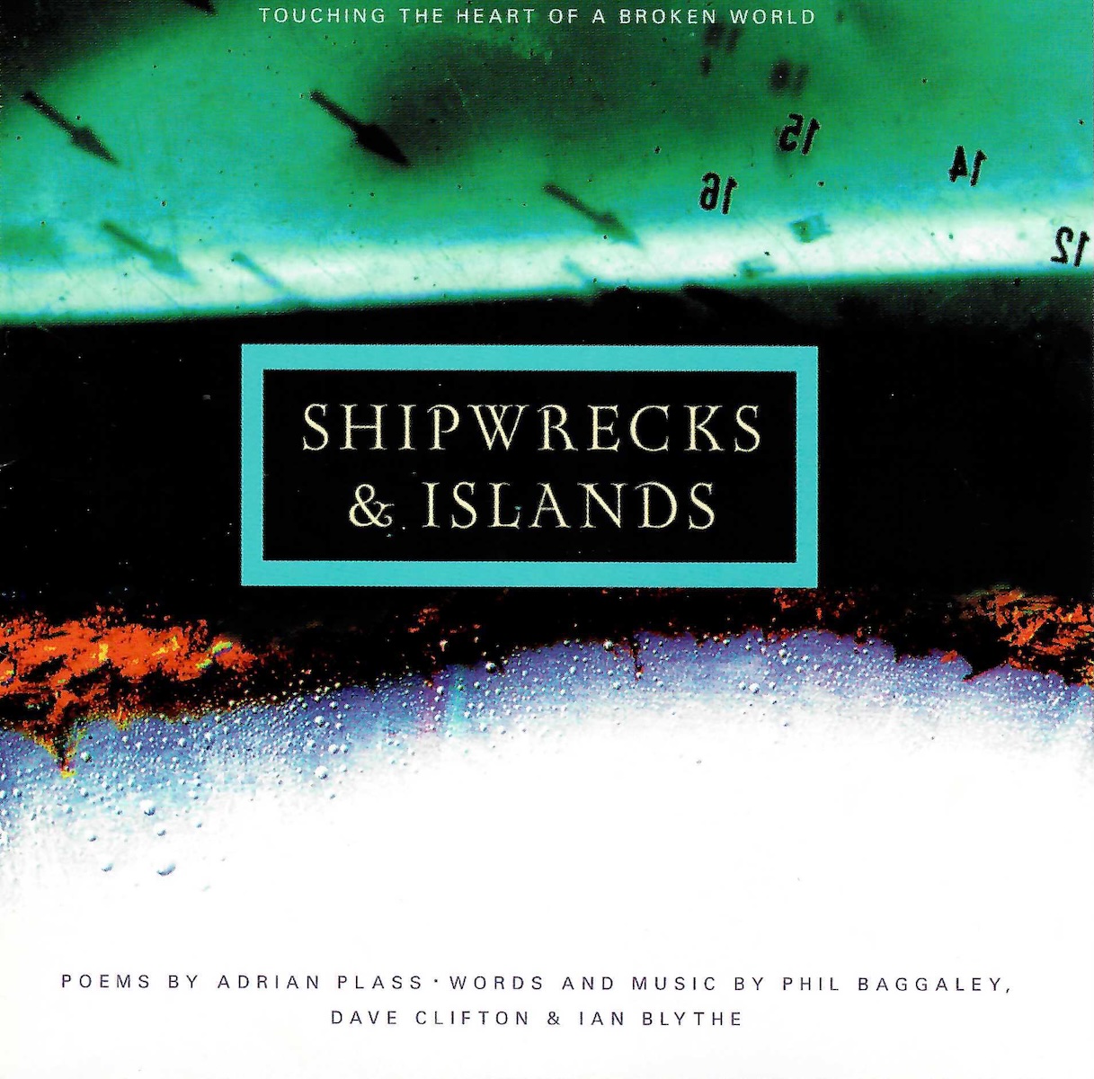 Album Art of Gold Records's Shipwrecks and Islands album - At the top, it seems like a map with numbers and arrows on it, with a green-ish hue and some parts of it are reflected or are semi-transparent with layers under it. The middle is black, and has the album title in white print with a light blue, thick border around it. Below that, it transitions form black to white, with a bit of red and blue in the transition.</body></html>