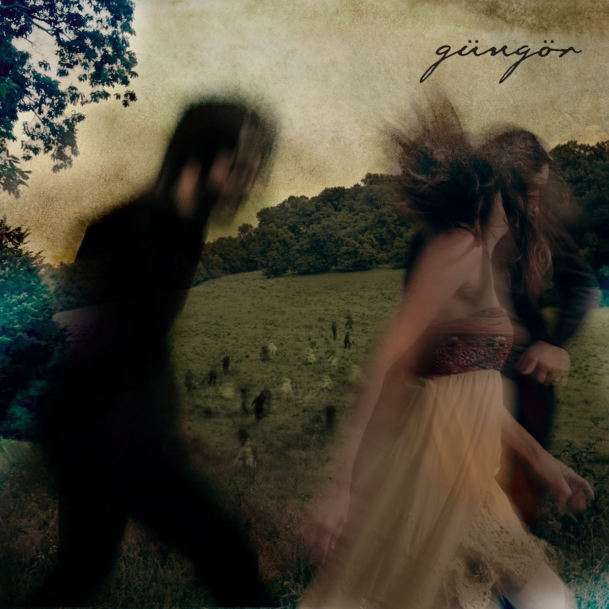 Album Art of Gungor's Ghosts Upon The Earth album - A photo of a man and woman in front of a beautiful landscape. A grassy open space has trees behind it, and above it a sand brown sky. The landscape is in focus, but the people in the front are very hard to make out, like they were moving as the photo was taken. The man on the left is bearded, has glasses, and is wearing dark clothing. The woman on the right seems to be wearing a light-colored dress and her long hair is flying every which way. In the top right, it says the band name in lowercase text.