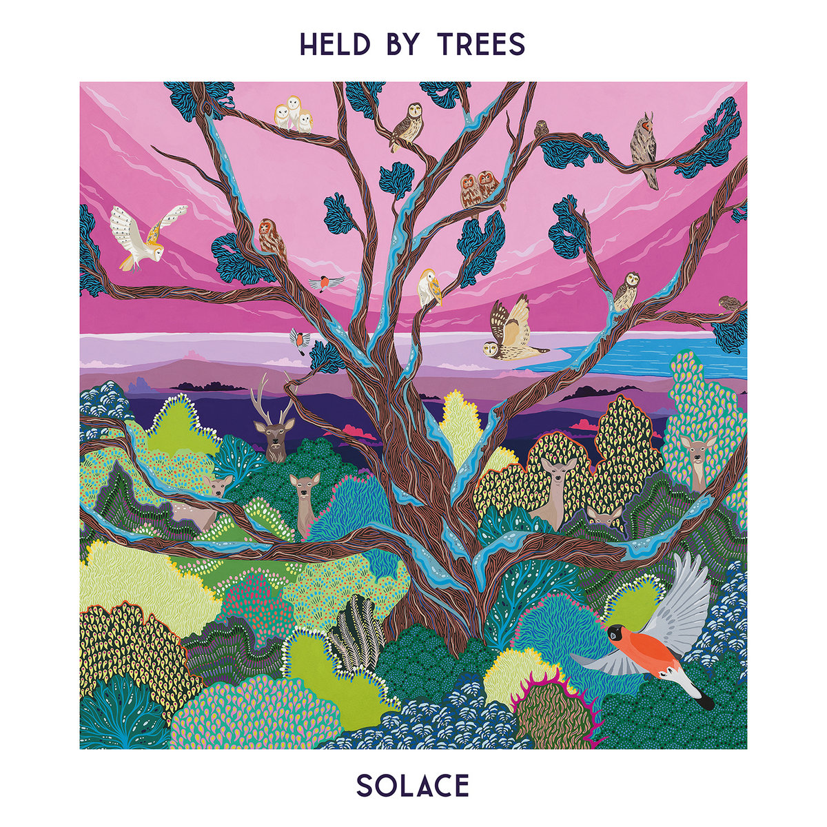 Album Art of Held By Trees's Solace album - Surrounded by a thick white border, detailed artwork of a nature scene in surrealist, multicolored style. The sky is a bright pink in a few different hues, with an aqua blue body of water near the horizon on the right. The foreground is filled with plants in a variety of blues, greens and browns with some funky patterns to them. In the middle is a brown tree with some blue water clinging to its top side. Sitting on the branches and flying in the air as well as peering around the bushes on the ground is various animals. In the border on the top, printed in black, is the band name, and printed similarly at the bottom is the album title.