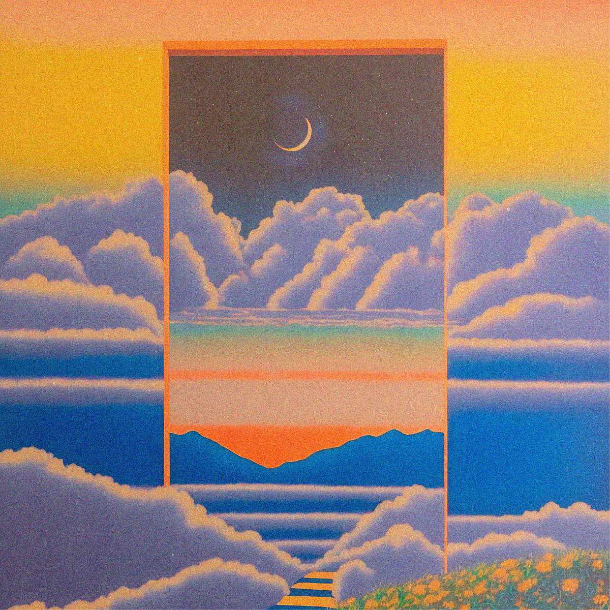 Album Art of Held By Trees's The Call Of Home album - A grainy illustration of a cloudy sky with a sun above the clouds. In the foreground there's a bit of a grassy field full of flowers and there's a stairway in the middle up into a doorway in the clouds. Through the doorway can be seen a different sunny landscape where above brightly lit sky is a layer of clouds and then a dark sky with a moon. The colors are mostly deep blue land, light blue clouds, and orange and golden skies with lots of vertical gradients.