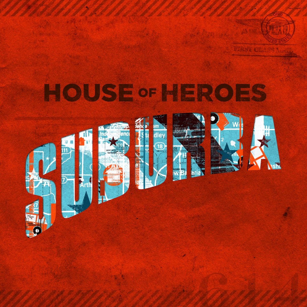 Album Art of House Of Heroes's Suburba album - The background is red and has stripes on the top and bottom and a stamp in the top right like it's some sort of very worn, red air mail package. In a dark red, written across the upper middle is the band name in bold text. Below that, the word 'Suburba' is bigger on the left and curves up to the right like some classic postcard or something. The word is cut out of the red background, and underneath seems to be mostly a map of some part of the country, with some extra graphics layered on top of it, maybe another map or something else.