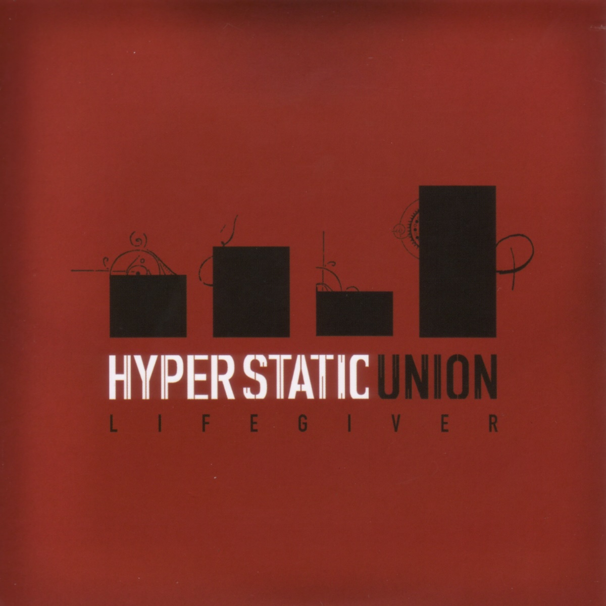 Album Art of Hyper Static Union's Lifegiver album - On a dark red background with a bit darker edges, four black bars are lined up in the center, each with a different height. Below the bars is the band's name in white and black, with lines bisecting some of the letters vertically. Below that in a smaller, black text is the album title.