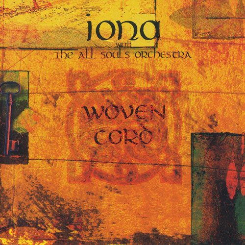 Album Art of Iona with The All Souls Orchestra's Woven Cord album - In a classic but simple calligraphy look, the band name is presented in black ink at the top. Below is an ornate version of an Irish cross in the middle of a collage and the words 'woven cord' in black above it. On the edges of the cover, it seems like bits of other artwork or photos can be seen partially along with the canvas that contains the album name.