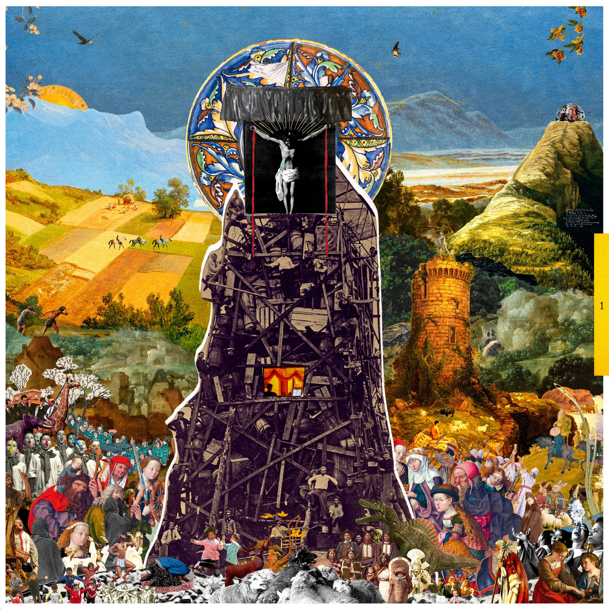 Album Art of John Van Deusen's As Long As I Am In The Tent of This Body I Will Make A Joyful Noise Pt. 1 album - A very detailed collage of various photos and artwork and maybe original art as well. At the bottom is lots of people, behind them fields and mountains, a castle turret, and forests and above the blue sky. In the middle, a series of black-and-white, more industrial-looking of a haphazard structure, and on top of it a picture of Jesus Christ on the cross. Around him is a florally-decorated golden halo. There's a thin white border, and on the right side there's a gold box over the border with the number '1' printed on it.