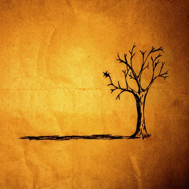 Album Art of Jon Foreman's Fall EP - On what looks like a brown paper bag given a slightly golden and auburn hue is a black sketch of a bare tree with a shadow of it on the ground to the left.