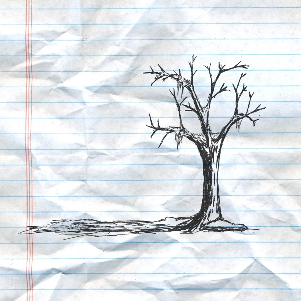 Album Art of Jon Foremans's Winter EP - On what looks like crumpled up notebook paper that has been folder in half vertically and in one spot horizontally is a sketch of a tree trunk and branches with no leaves, just snow and ice on its branches. At the foot of the tree is also some ground covered in snow and ice.