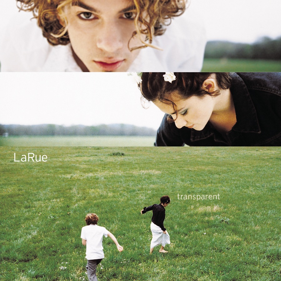Album Art of LaRue's Transparent album - A series of 3 photos. The first photo, taking up the top quarter of the area, is a close up of a young man looking into the camera while leaning over, such that his white T-shirt can be seen behind his face and curly blond-brown hair and in front of the cloudy, diffuse sky and the field beyond. The second photo, talking up the second quarter vertically, is of a young woman wearing a black jacket and with brown hair pinned behind her head and a white flower in her hair. She's looking down to the ground while leaning over, it seems. The bottom half of the area is a very wide, overhead shot of the two playing in a field, it seems like maybe the man is running to catch up to the woman. The grassy field is green, so the majority of the album cover art is green. In the top left of that photo is printed the group name, and to the right of the woman is printed the album title.