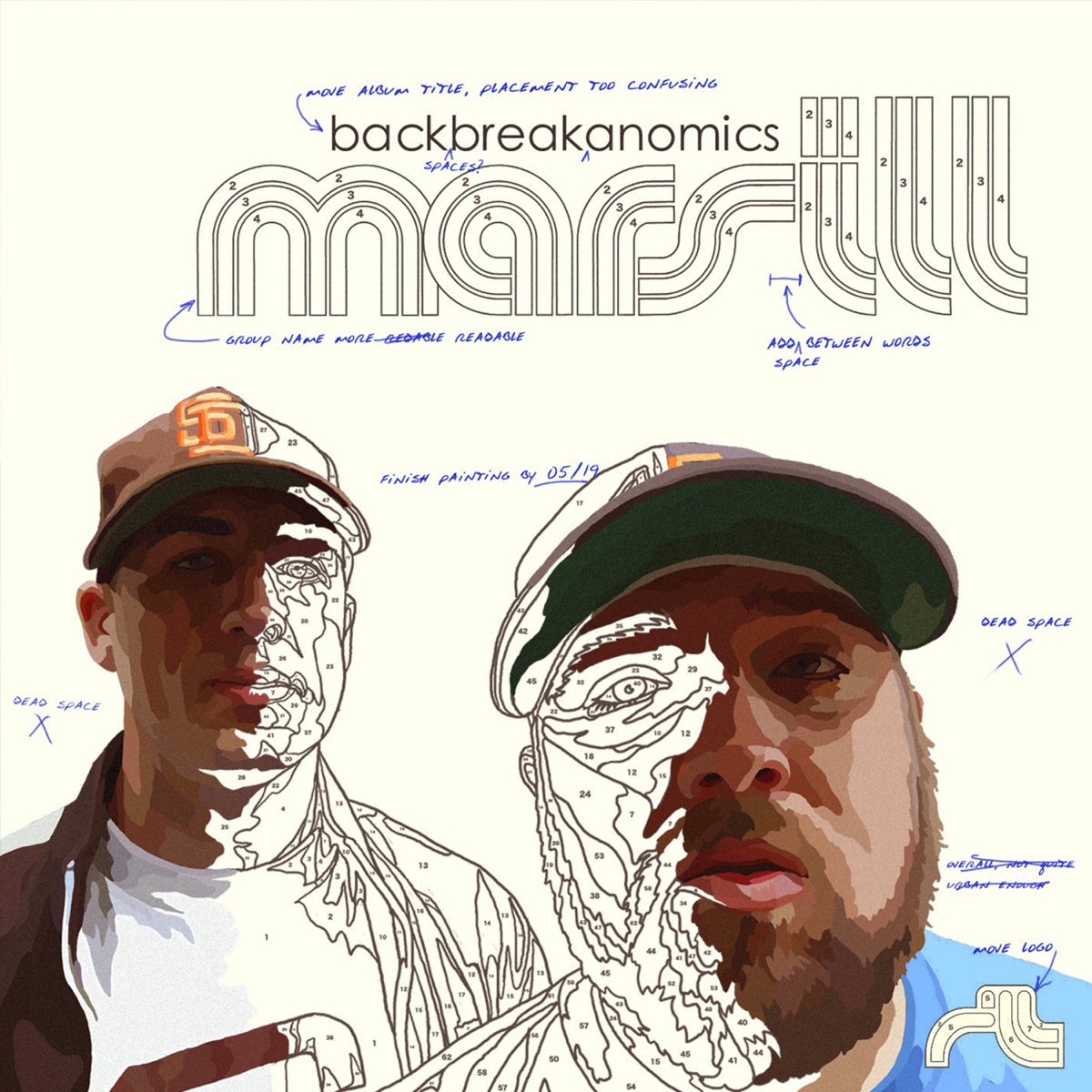 Album Art of Mars ILL's Backbreakanomics album - On a beige background, at the top is outlines of the words 'mars ill' in a styled format. And above that in smaller letters, the works 'backbreakanomics' in a sans-serif font in black. At the bottom, there's two men, both wearing caps, in an illustration. Half of each of them is colored in like it was in a coloring book or something, and the other half is the outline and numbers, like the cover is a coloring book with numbers associated with colors. Also included in small blue pen is notes on how the cover could be improved in various spots.