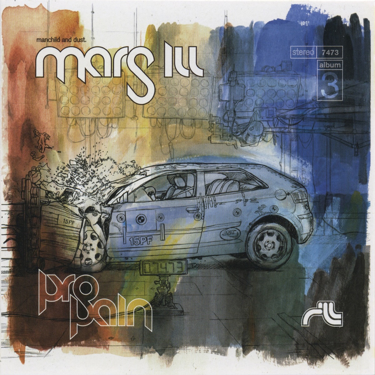 Album Art of Mars ILL's Pro Pain album - A drawing of a two-door sedan car in a crash test setting, with the whole front of the car crumpled and mid-explosion. On top of the line drawing is painted blues, yellows and reds in various large swaths of color, with the paint not hitting the white edges. In the top left it says 'manchild and dust' in small black text, then the artist name in much larger white text with a black outline. At the bottom left, the album title is printed in brighter colors, with a white outline. In the bottom right is a Mars ILL word mark, where the 'ILL' kinda becomes part of the letter 'm'.
