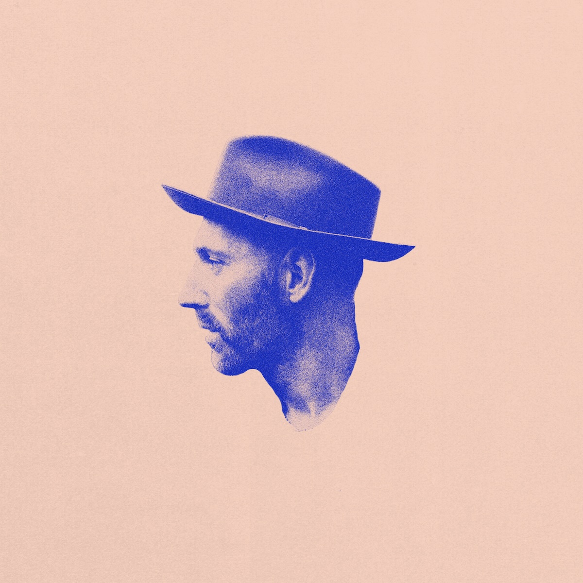 Album Art of Mat Kearney's Hanging By A Heartstring album - On a peachy-pink background, a middle-aged man's face and neck is printed in the middle in a dark blue, just various layers of blue on the orangish-pink color. He's photographed from the side, so he's looking to the left and is wearing a dark hat and has a short mustache and beard. It's not huge so it's only about a quarter of the size of the entire area, a head surrounded by the light pink color, and no text is printed on it anywhere.