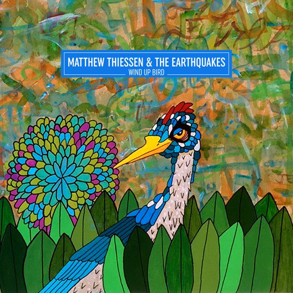  a mess of colors of green, brown and orangish-red. In the foreground, a drawing of a blue and pink bird with a long yellow beak looking their left eye to the viewer, in amidst a bunch of large green leaves set in rows. Also, there's a very colorful circular bush or flower of some sort that's yellow, green, blue and gold. Towards the top, a blue box with a hairline white inner border has the band name in white print inside it in large letters, and the album title in slightly smaller letters.
