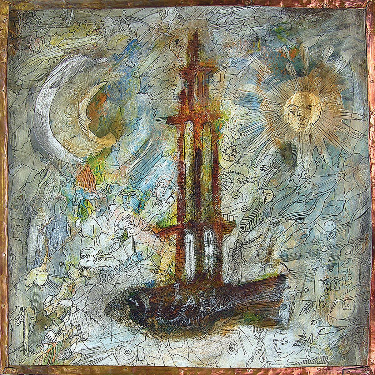 Album Art of mewithoutYou's Brother, Sister album - On the edges, what looks like a bronze or wood frame borders this artwork. The main artwork is a drawing/painting of a dark gray fish with a brown/orange vertical structure on its back in the middle, with the moon on the left side and the sun on the right. Closer inspection of the artwork shows it's made of a collage of smaller line drawings of fish, people, etc.