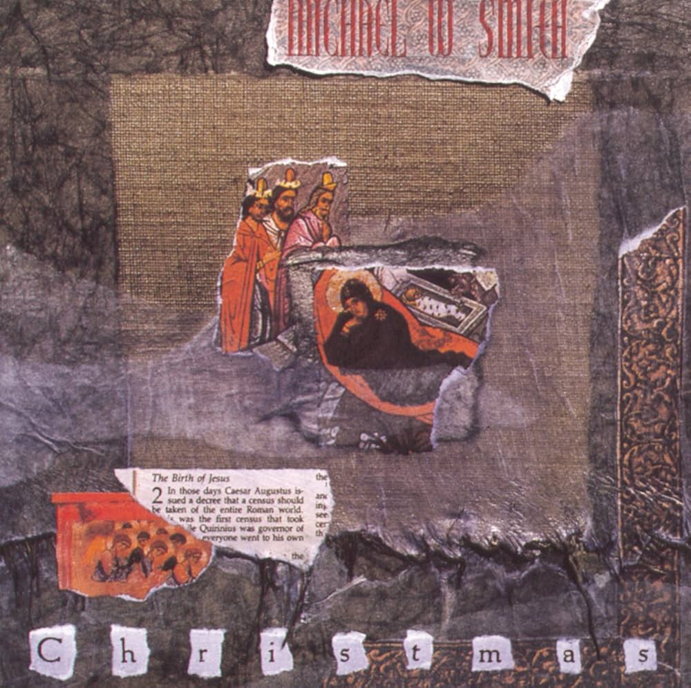 Album Art of Michael W. Smith's Christmas album - It looks like paper artwork, with a base background of a gray forest branches, and a printout of a gold frame in the bottom and right halfway up, and the look of a burlap cloth in the middle. In the middle, a few torn-out reproductions of sacred art with three kings, a stable and Mary with a baby in a manger on three separate pieces of paper layered on top of each other.</body></html>