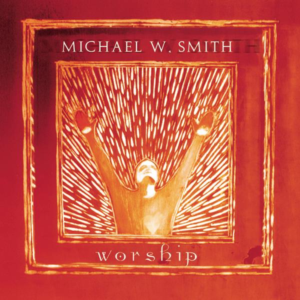 Album Art of Michael W. Smith's Worship album - On a dark orange background, in the middle is an illustration of a man from the waist up standing, looking up to the sky with a face brightly lit from the right side, with his hands raised above his head. Around him are hundreds or maybe even a thousand shooting stars all converging behind him or at his feet. This illustration is in orange, white and dark orange. Around this is a hand-drawn border in orange, then above that the artist's name in thin, white text and the album title in a more decorative text below the illustration. There's another hand-drawn border around all that, and then some more space of the background.