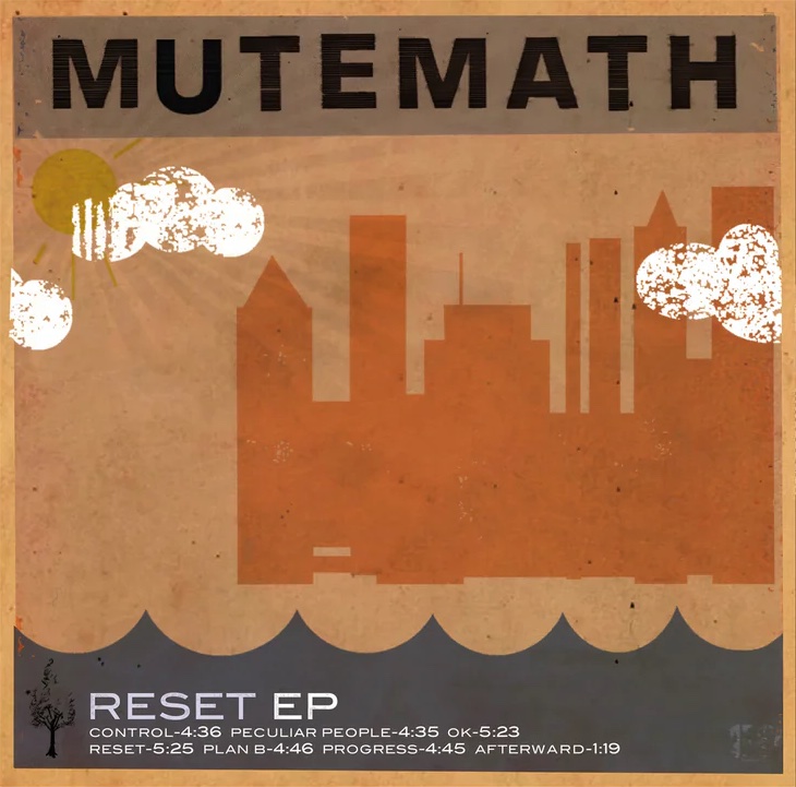  on a light brown backgroundthe outline of a cityscape on the right in a clay red, the sun in the top left in a yellow with lines of light emanating from it, and clouds in white above the sun an cityscape. At the bottom, in a dark blue, is waves. It has the EP name and tracklist at the bottom. And at the top, the artist name in big, blocky letters.