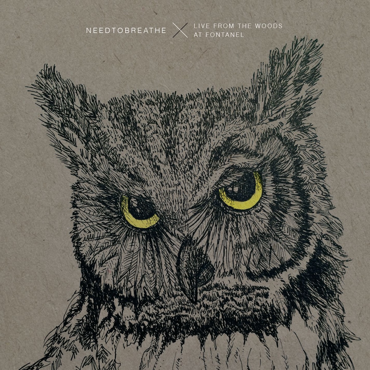 Album Art of Needtobreathe's Live From The Woods album - On a rough cardboard/paper looking background of a brown color, the majority of the cover is a drawing of the head of an owl in black pen, with the eyes colored a yellow. At the top, on the left it says the band's name in white capital letters, there's an 'X' shape to the right of it, and it says 'Live From the Woods At Fontanel' in smaller letters to the right on two lines.