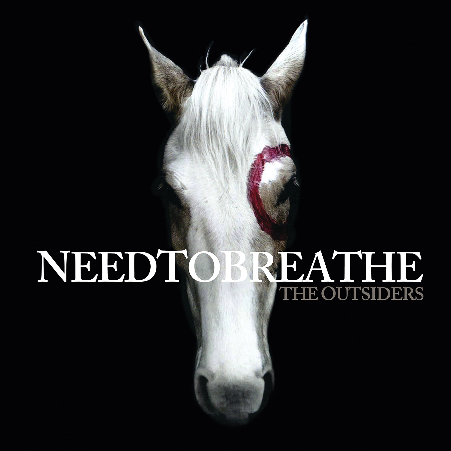 Album Art of Needtobreathe's The Outsiders album - The top is all black, with the words 'Needtobreathe' printed in a serif font in white. In smaller letters is 'The Outsiders' in gray below it. Behind the print, the blackness is pierced by the straight-on head of a white horse that has white hair with a red circle painted around its right eye.