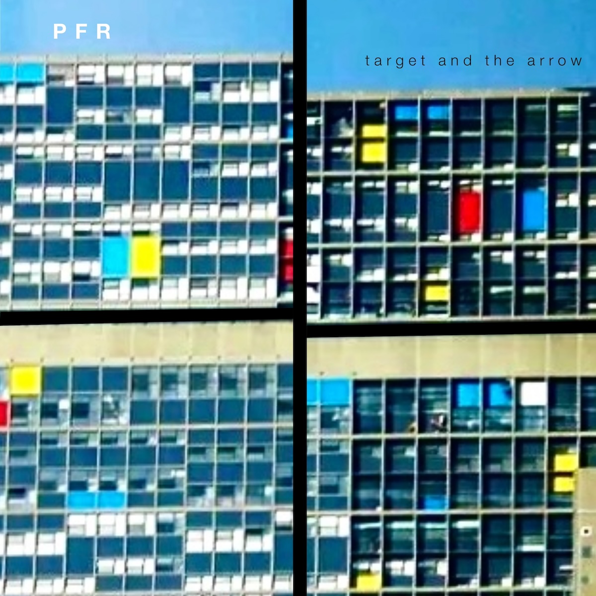 Album Art of PFR's Target And The Arrow album - Spilt down the middle vertically with a thick black bard between them, there are two photos of similar-looking buildings. They building is a part of a brutalist housing tower, with mostly just concrete walls and windows and various colored wall panels adding a splash of color from time to time. The two pictures look pretty similar and are a bit blurry, but the left one has windows on the outside of the structure, while the right one has more windows inset a bit, so there's a shadow from the sun on those parts. Printed in white over the top of the left photo is the band's name, and in smaller, thin black text on the right photo's top area is the album title in lowercase.