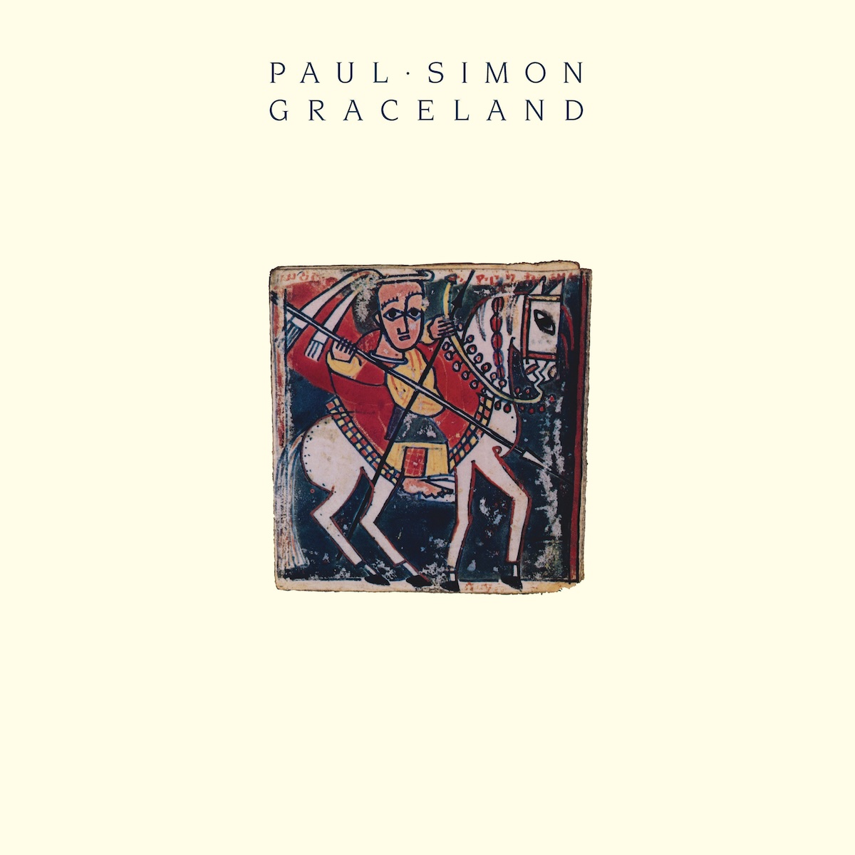 Album Art of Paul Simon's Graceland album - On a solid, creamy gold color, it's mostly empty but a piece of tile art or something in the middle. It's nearly square and has a drawing of a bald man on a white horse wearing a red coat and holding two spears. Towards the top, in a thin blue font is printed the artist's name and then the title below it.