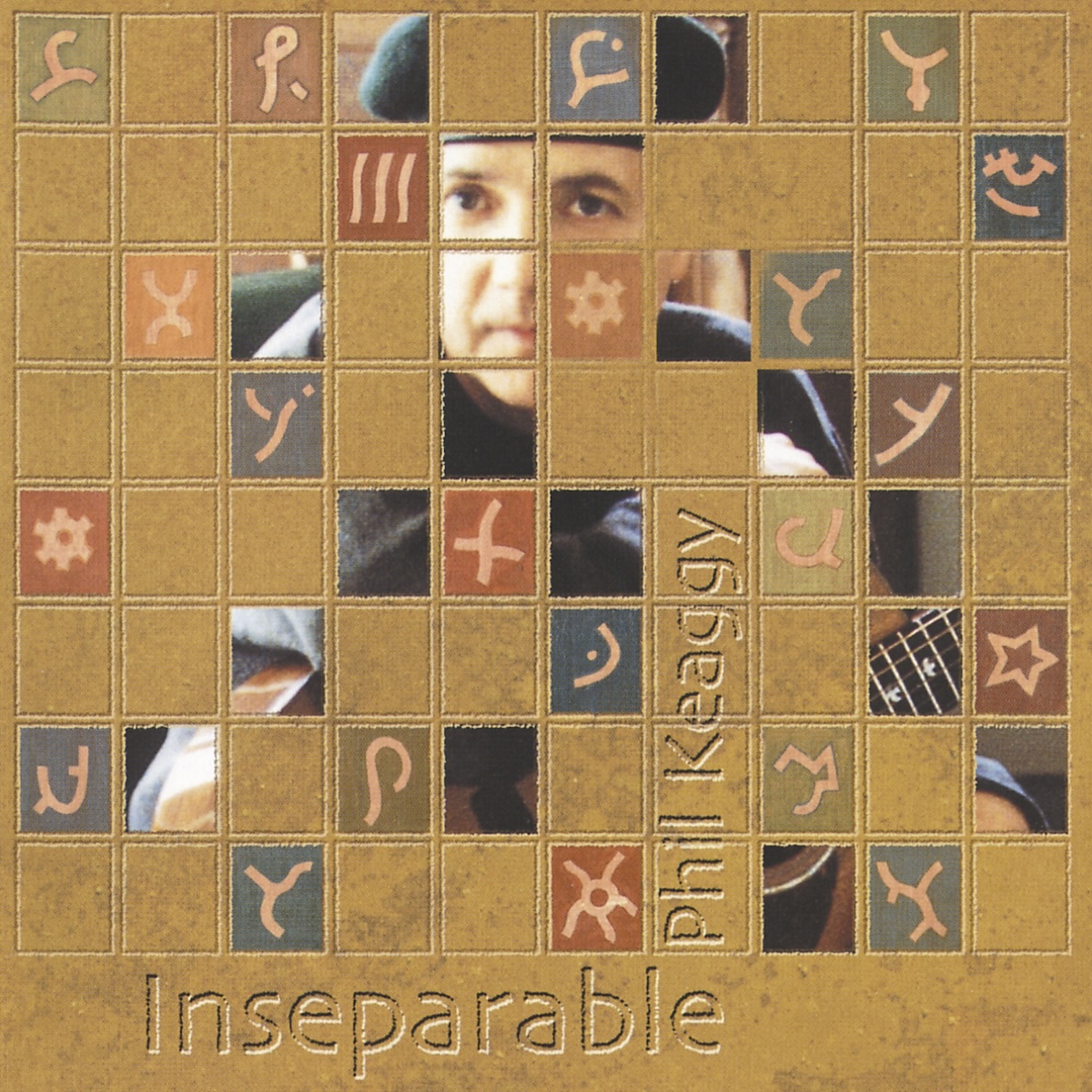 Album Art of Phil Keaggy's Inseparable album - On a golden brown background that looks like sand, it looks like a grid of squares is carved into the sand. Some of the squares just show the sand, but some have a colored square with a unique geometric symbol on each in a pinkish-gold color. A few squares seem to be transparent and behind this background seems to be a photo of a middle-aged white man in a beret looking at the camera and holding a guitar, though the vast majority of the image cannot be seen, just bits including only about two thirds of his face. Embossed in the sand above a few squares vertically is the artist's name, and in some empty space at the bottom is the album name.