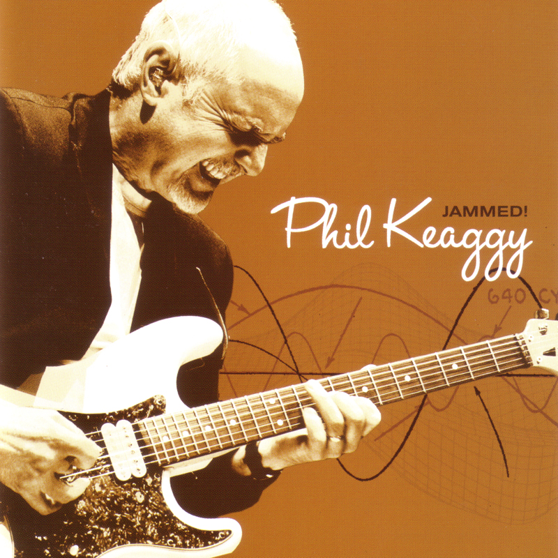 Album Art of Phil Keaggy's Jammed! album - On a golden background, the left side is a sepia-tone photo of a middle-aged man with short, grey hair playing an electric guitar passionately. He's got a slightly open mouth and his eyes are closed, feeling the notes. His guitar neck extends on to the right side. and behind it a series of sine waves, sound waves. Just above that in the center on the right is the artist's name in large white letters in a handwriting-style font, and above the name in smaller black text is the album title.