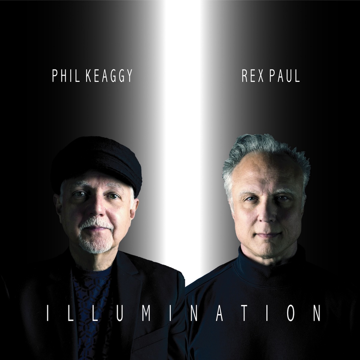Album Art of Phil Keaggy and Rex Paul's Illumination album - On a black background, a photo of two men in black shirts from the chest up sitting next to each other. In between them on the background is a bright, white bar of light, illuminating only the side of each of their faces that faces the middle. The man on the left, Phil, is wearing a black hat and has a white mustache and a bit of a beard. On the right, Rex, has no facial hair but grey hair. Both are looking straight ahead and have a pretty neutral expression. Above their heads, on the black background, is printed their names. And the album title is printed in white at the bottom.
