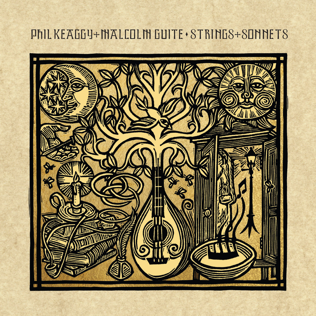 Album Art of Phil Keaggy & Malcolm Guite's Strings & Sonnets album - On a light gold marble background, across the top in black is listed the artist and album title. Below that, artwork that has a mandolin at the center with a tree growing out of its neck. On the left, a moon, a hand holding a nail, and a pile of books with a lite candle sitting on top of them. On the right, a sun, an open wardrobe with a lamppost inside it, and a bowl with music coming from it.