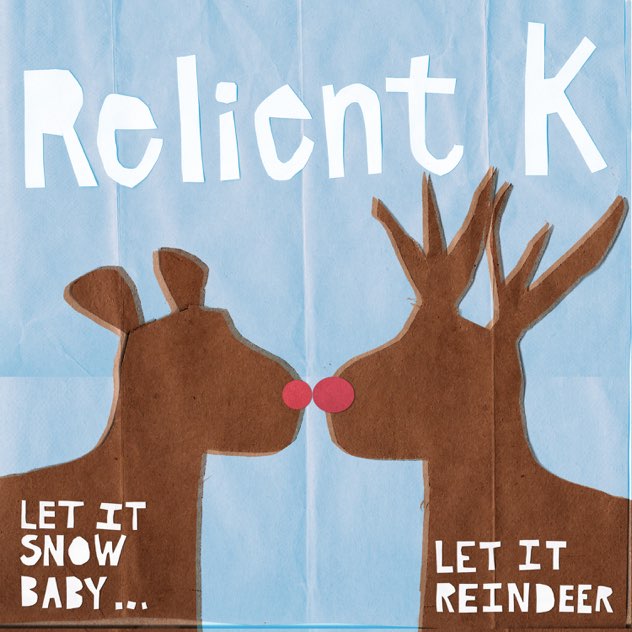 Album Art of Relient K's Let It Snow Baby... Let It Reindeer album - It looks like paper artwork, with first a background of various shaed of light blue with regular creases vertically and near the center horizontally. On top of that is a cutout of two deer on brown paper, one with antlers and the other without, and their round red noses are touching in the middle. At the top, cut out of paper is the band name in large white letters, with the words 'Let It Snow...' in the bottom left and 'Let It Reindeer' in the bottom right in smaller letters.