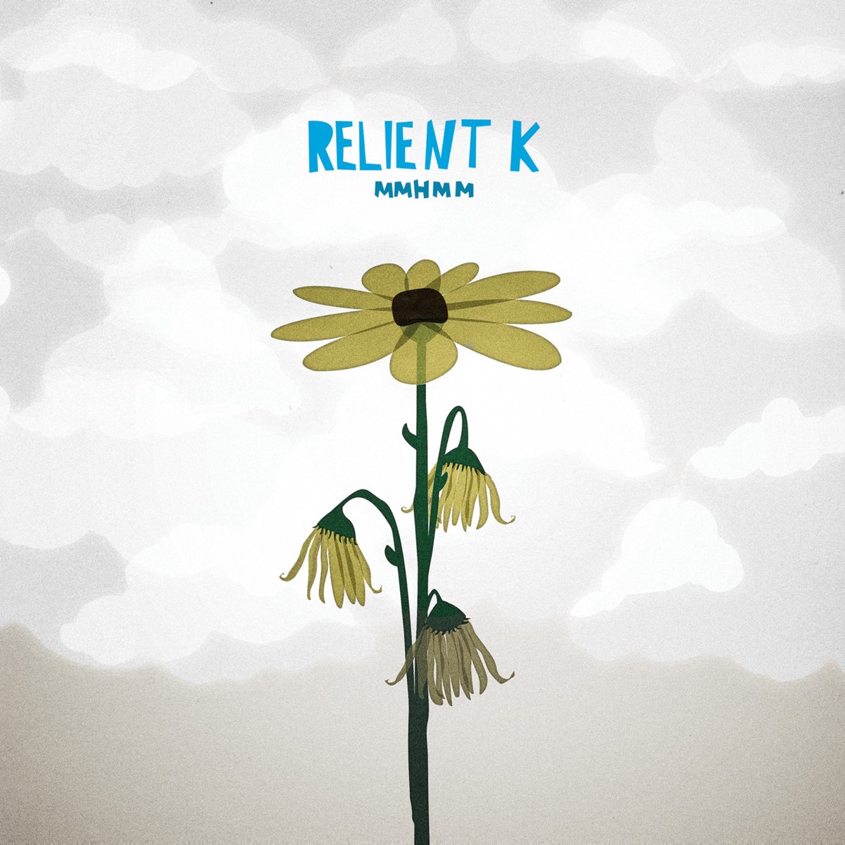 Album Art of Relient K's Mmhmm album - A drawing of a green plant sticking up into the clouds with the top of it ending in a sunflower fully spread out. Below it, are 3 different offshoots with flowers closed and wilted. Above the flower written in the clouds is the artist name and the album title in blue in a jagged, comic font.