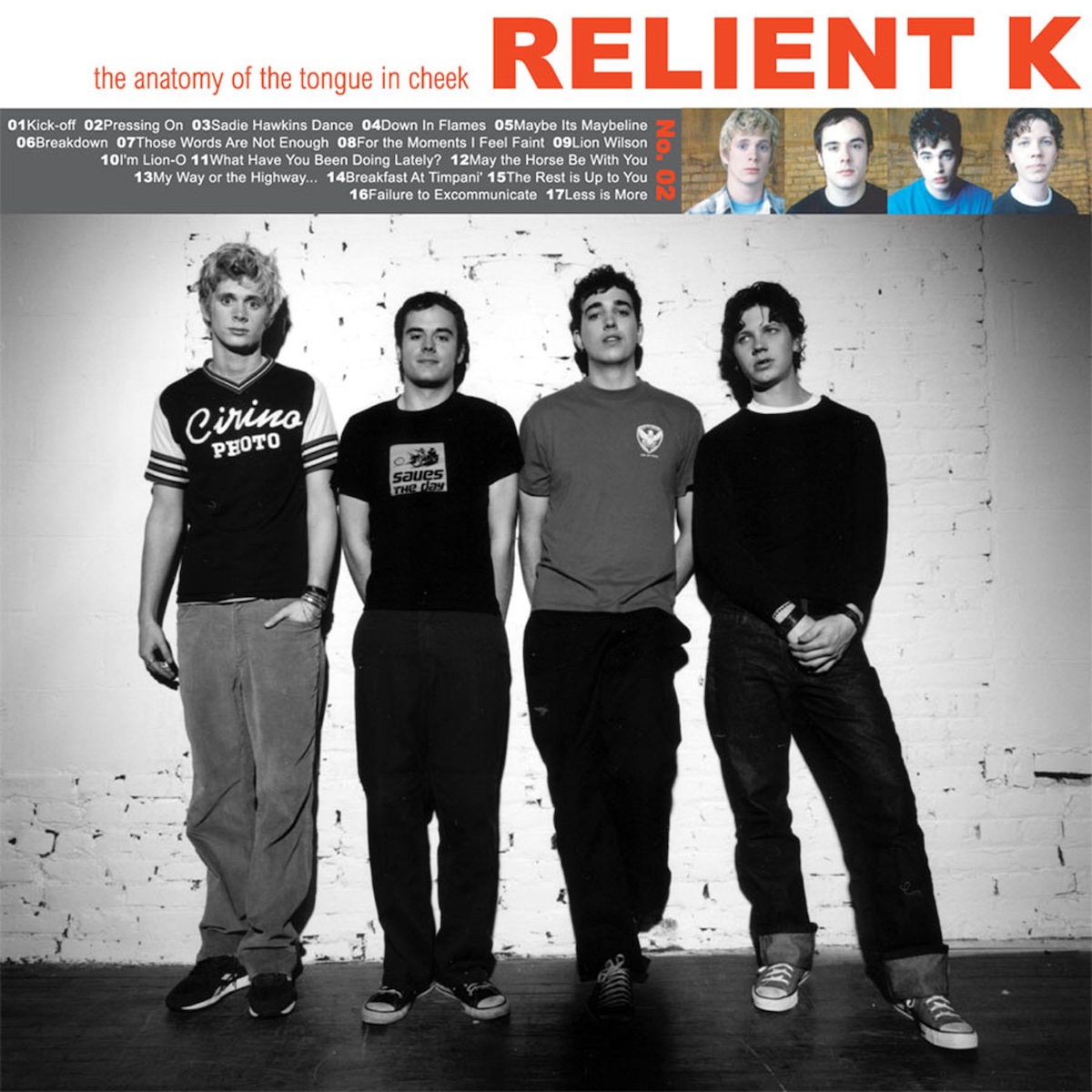 Album Art of Relient K's The Anatomy Of The Tongue In Cheek album - On the bottom and taking up most of the space, a black-and-white photo of four young men standing in front a brick wall painted white. Across the top, a white bar that has the band's name printed on the right in large, all-caps international orange letters. To the right, in much smaller, thinner letters is the album title. In a gray strip below that is printed the track listing, then 'No. 2' vertically, and then four individual photos of each band member's face.
