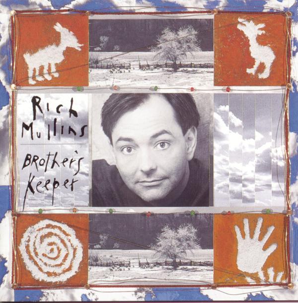 Album Art of Rich Mullins's Brother's Keeper album - The border around the edge seems to be a repeating photo of clouds on a blue sky. Inside that, it looks like a mixed media piece, with what looks like wires connecting various lights inside that border and between the vertical portions inside the border. The top third has red paint in the left and right, with what looks like the outlines of a dog painted on each side. And In the middle is a wintery scene of a snow-covered field, a picket fence, and a lone tree. The bottom third has red paint in the left and right as well, with a series of circles inside each other painted in white on the left and the outline of a hand painted on the right. The wintery scene is repeated again in the middle of the bottom row. The middle third of the vertical area has a photo of a man with dark hair in the middle, and clouds on both sides, with the artist name and album title handwritten above the clouds on the left side.