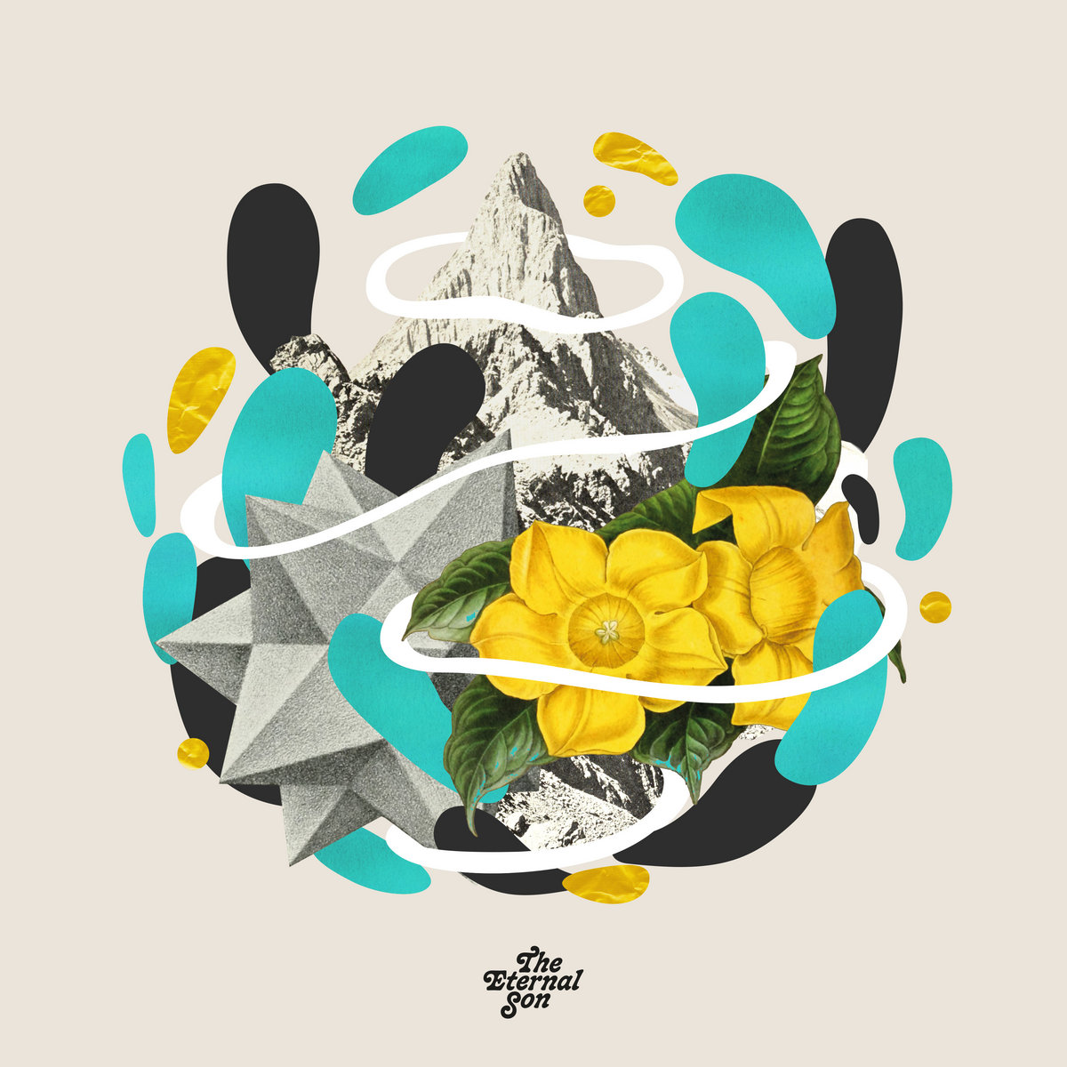 Album Art of Rivers & Robots's The Eternal Son album - On a beige background, rocks, flowers and a geometric shape are illustrated together in the center and blobs of blue, gold and black are surrounding them, with white, thin rings around some of them as well. At the bottom, the album title is printed in black in small letters.